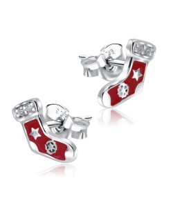 Christmas Sock Red Enamel With CZ Silver Stud Earrings STS-5522